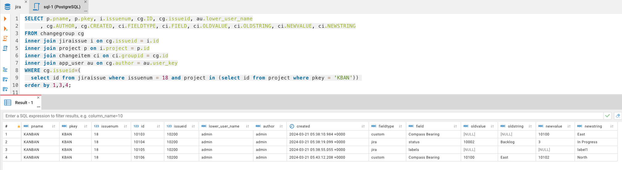 issue history of all changes from Jira database