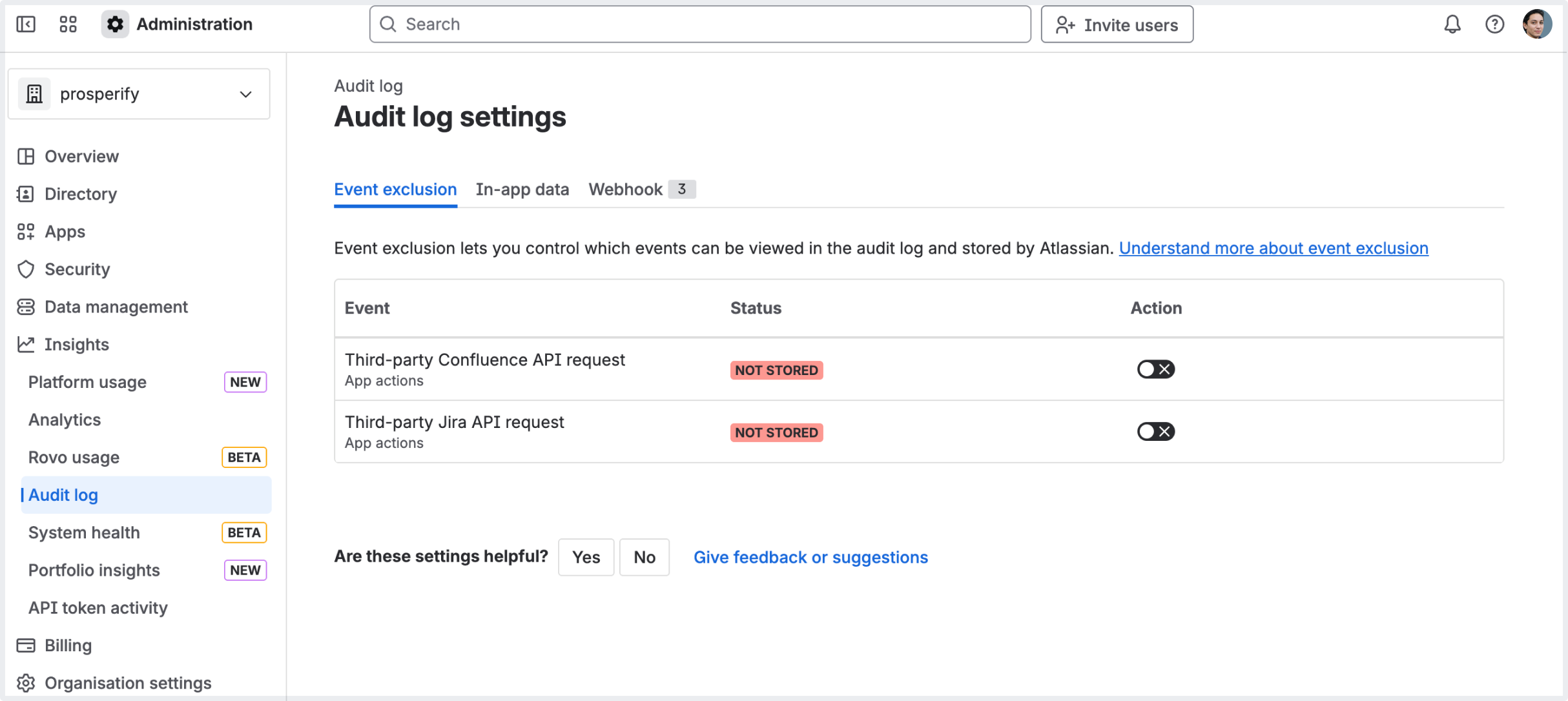Audit log settings - Event exclusion tab