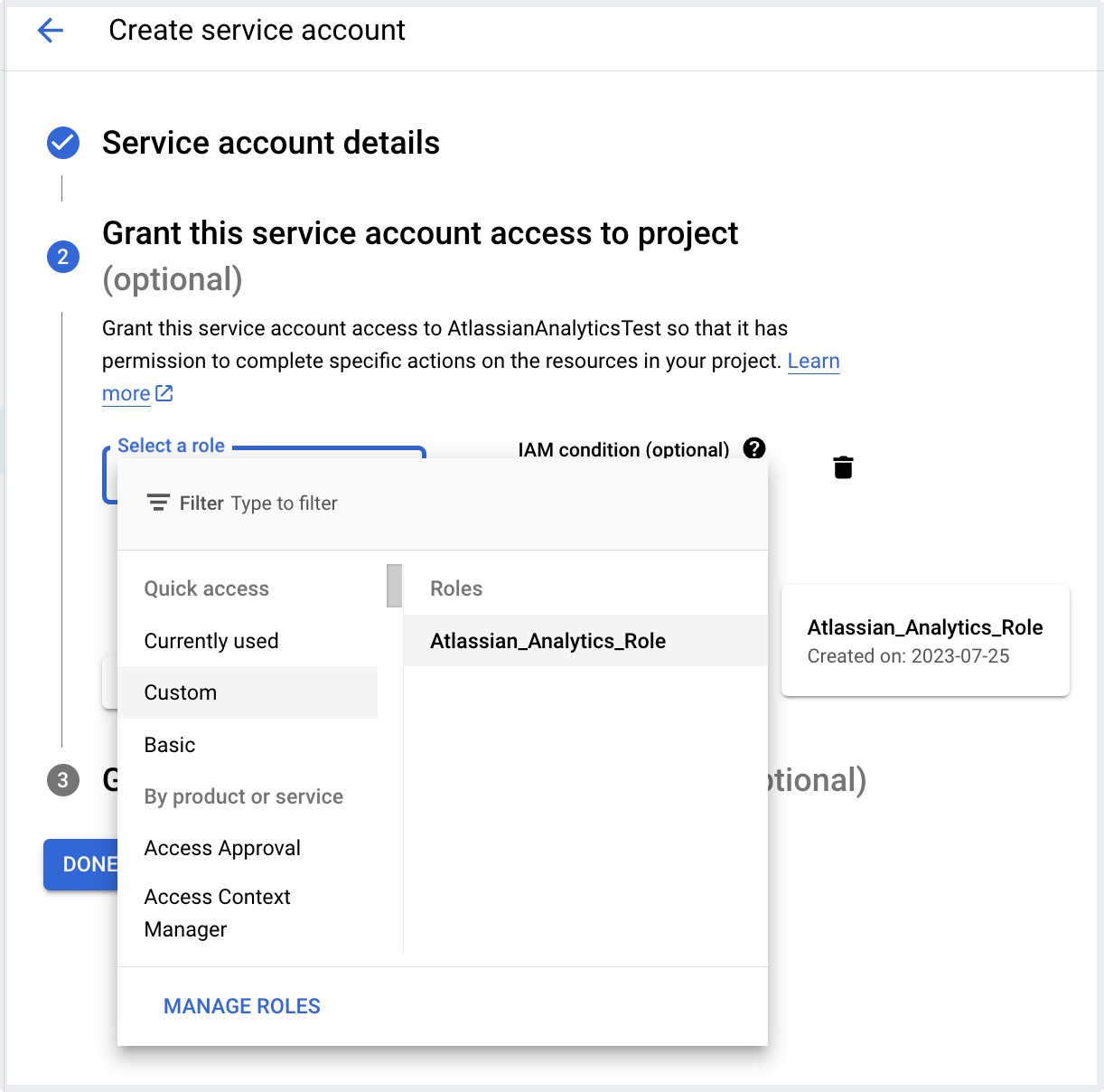 Adding "Atlassian_Analytics_Role" custom role to new service account