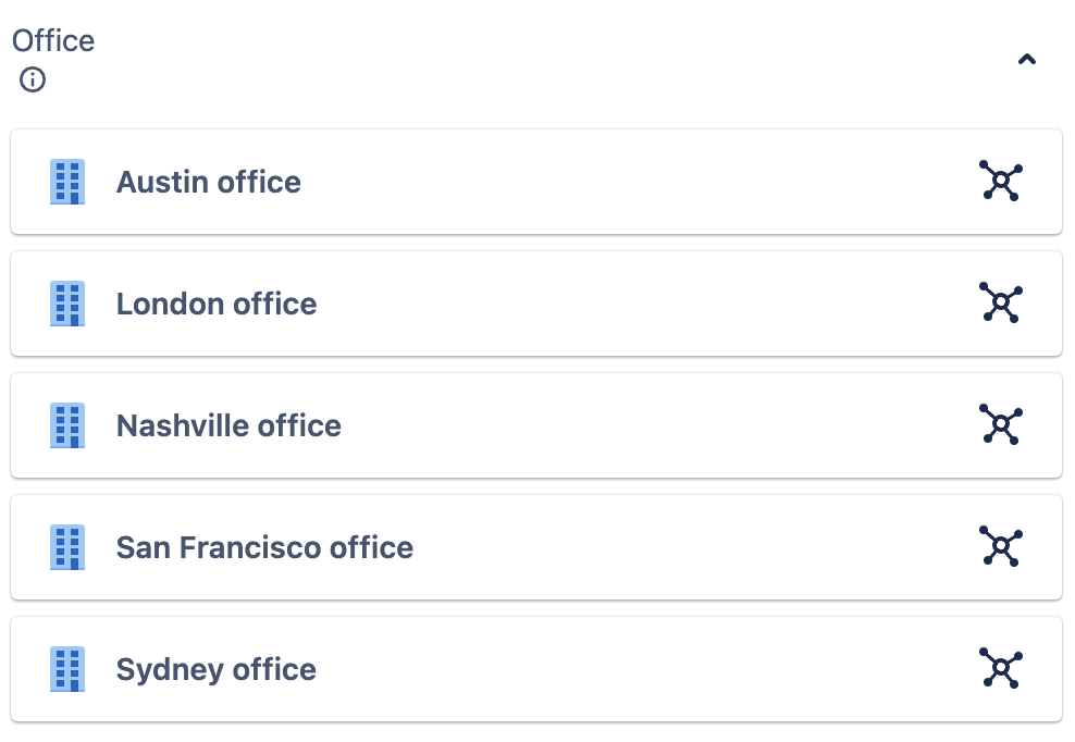 The Office custom field has 5 objects selected named Austin office, London office, Nashville office, San Francisco office, and Sydney office.