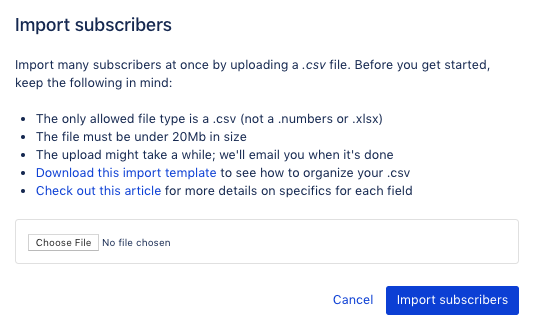 The modal for importing subscribers with the file uploader