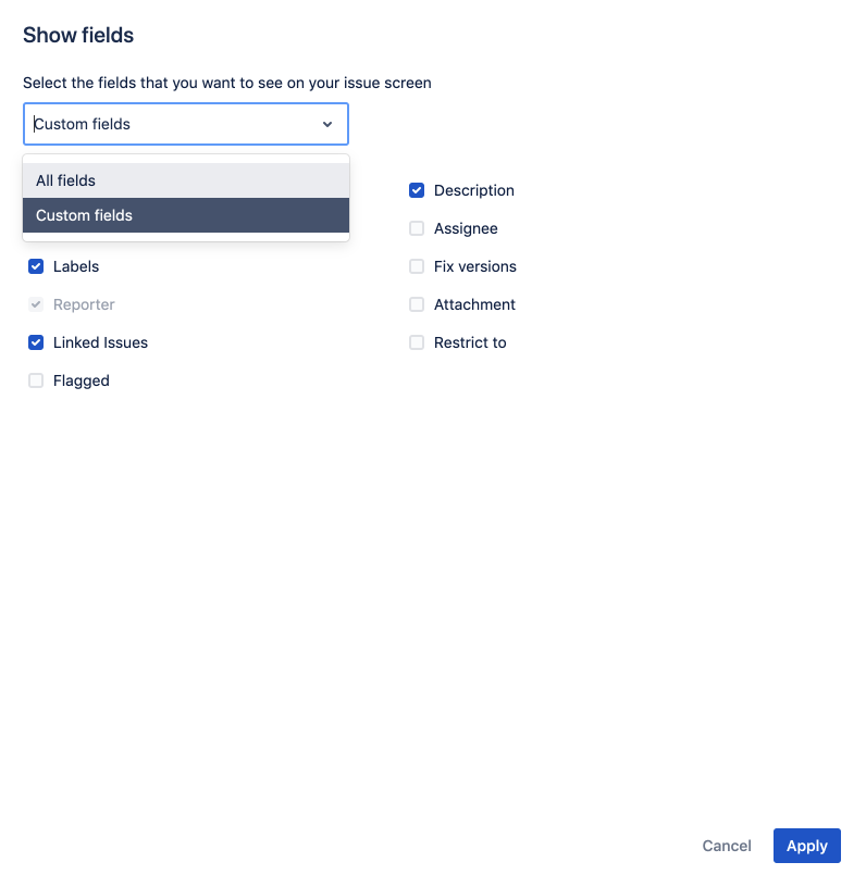 The show fields page in Jira issue create experience with fields selected.