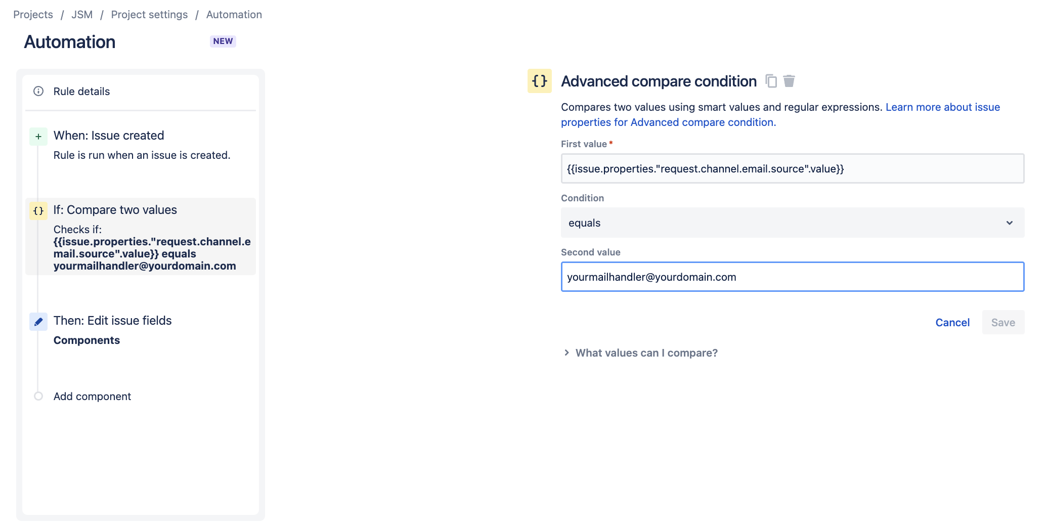 Jira automation rule to set components if a custom mail handler created the work item