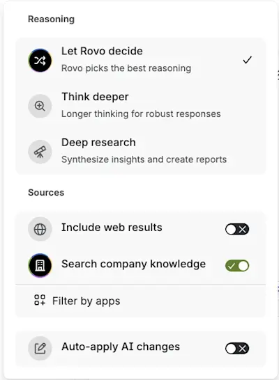 Rovo Chat menu shows a selection of reasoning modes, and toggles for web search, company knowledge, and auto-apply AI changes