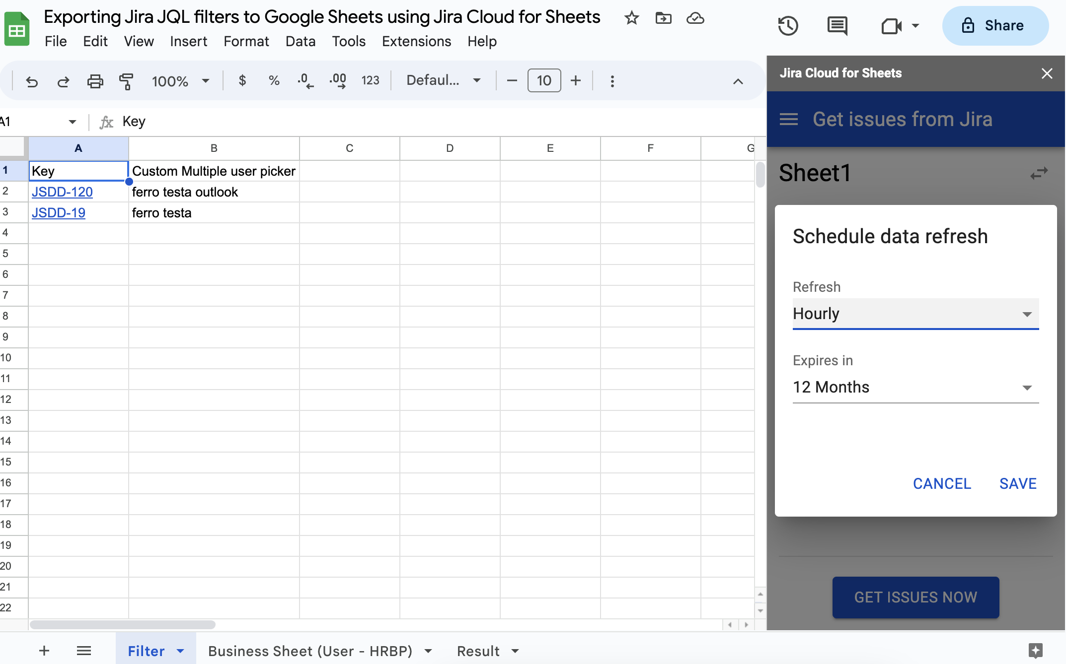 A Google Sheet containing Jira issue keys is displayed. The Jira Cloud for Sheets sidebar is open, showing the scheduling options for data refreshes. The refresh frequency is set to Hourly, and the expiration is set to 12 Months. Cancel and Save butt