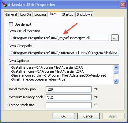 Windows settings dialog. The first path ineeds to point to the Java installation to be used