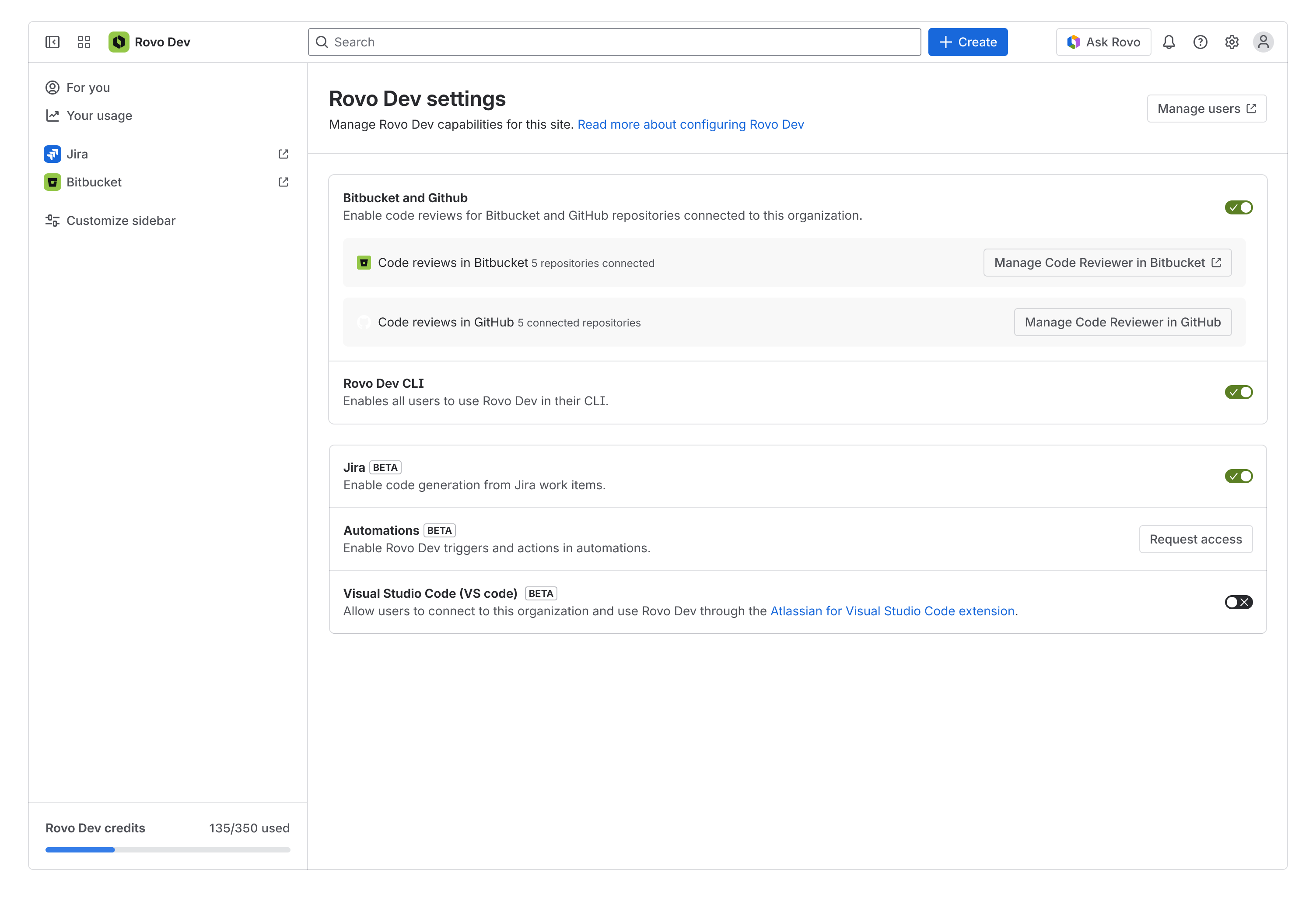 See the site-level Dev settings for Rovo