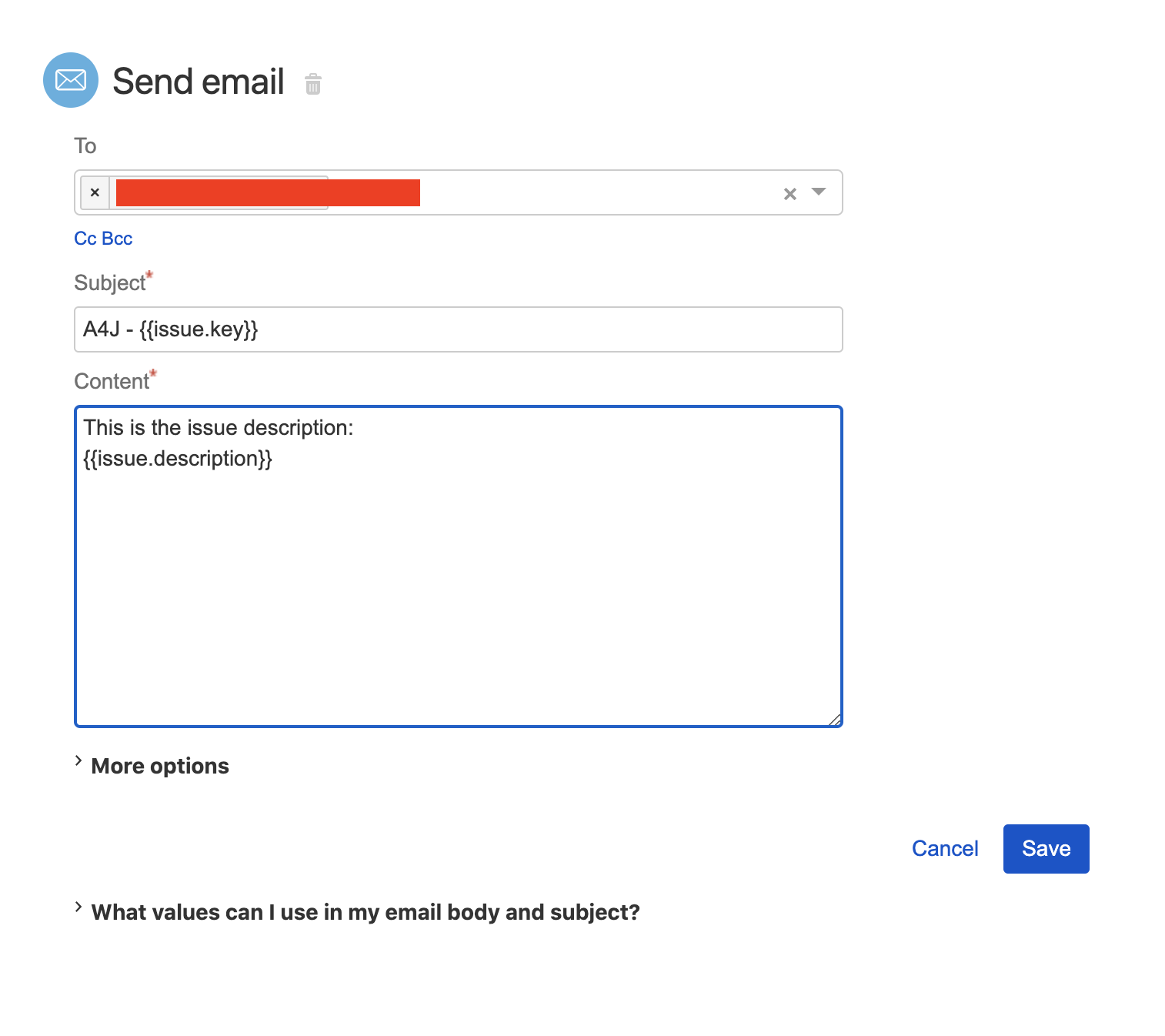 send email action using smart values