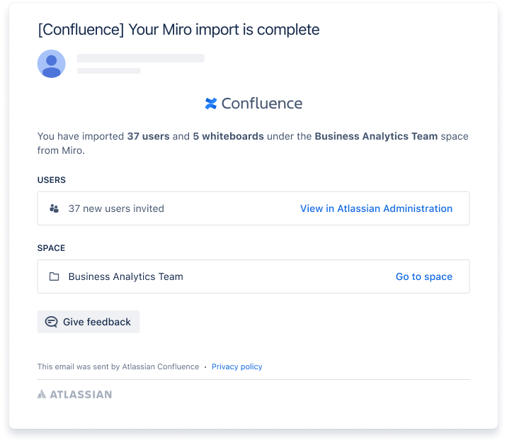 Screenshot of the import success screen in Confluence