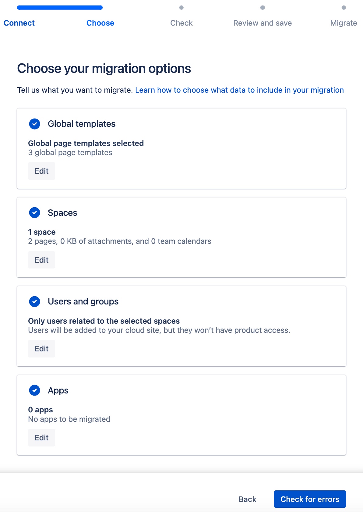 Task list with options to select global templates, spaces, user and groups