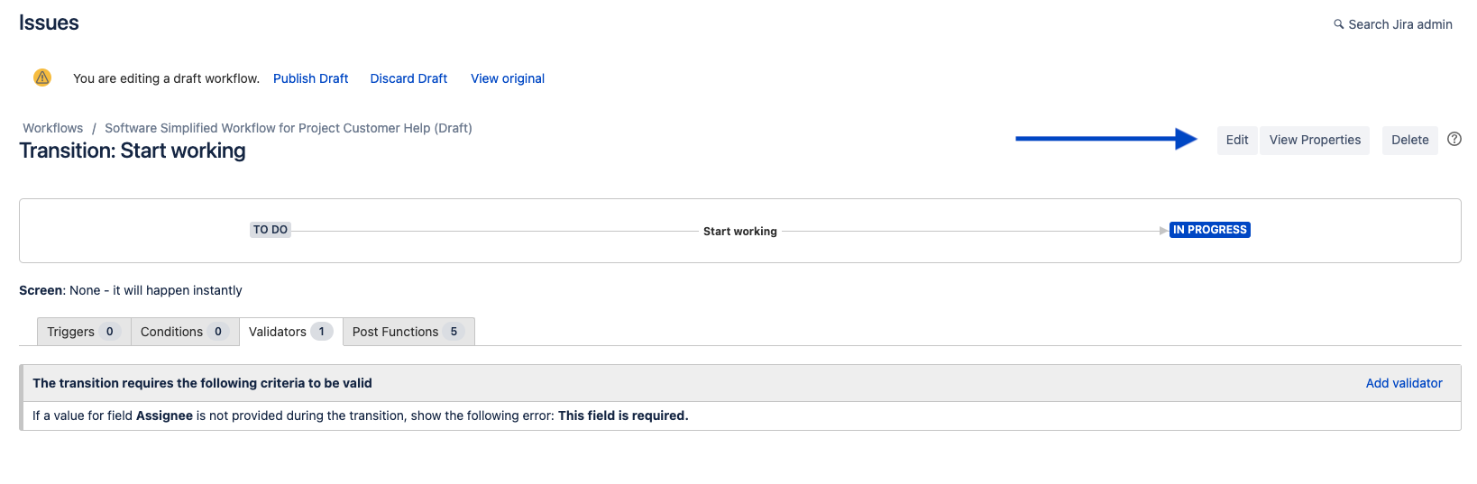 transition editor screen. the edit button is highlighted with a blue arrow.
