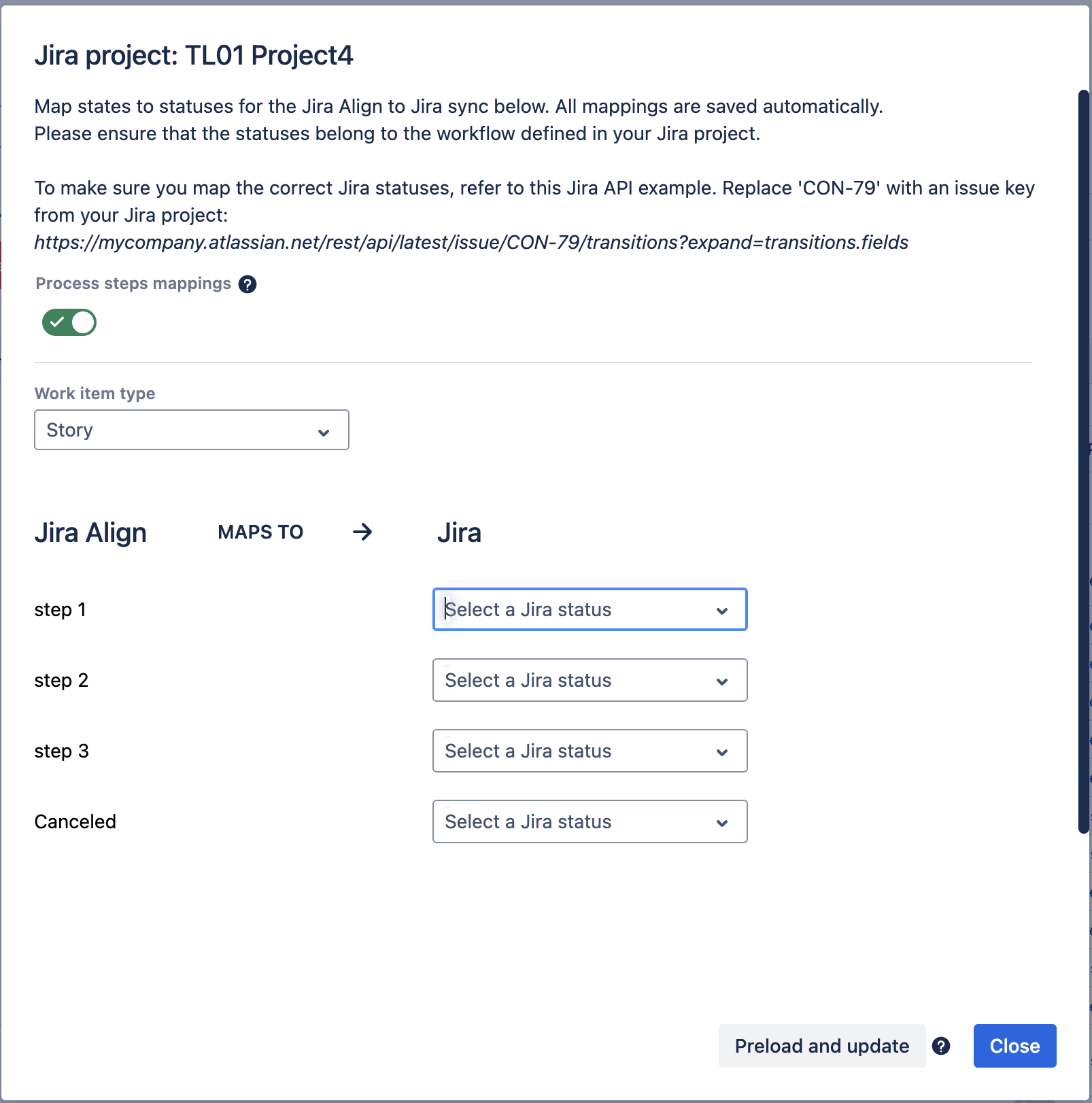 image of Jira  project mapping for Align states to Jira statuses