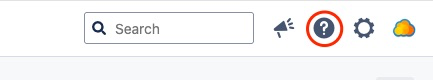 The Top Menu in Jira displaying a questionmark as help button. This is marked with a red circle in this picture