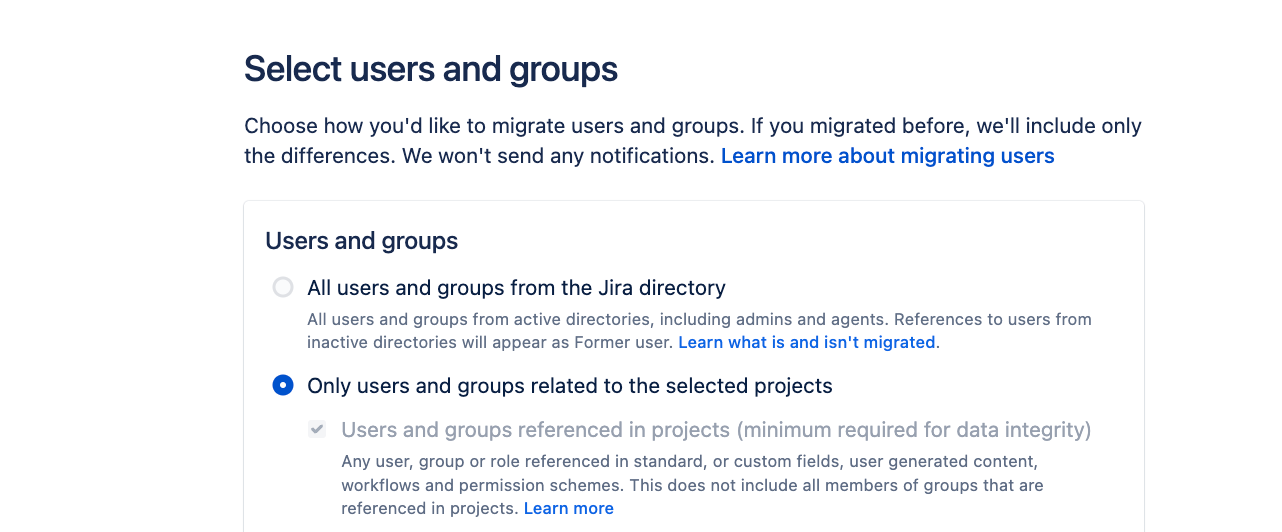 Selecting users and groups in the migration assistant.