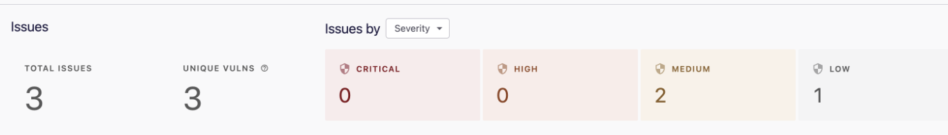 List of vulnerabilities showing 0 critical 0 High 2 Medium and 1 Low