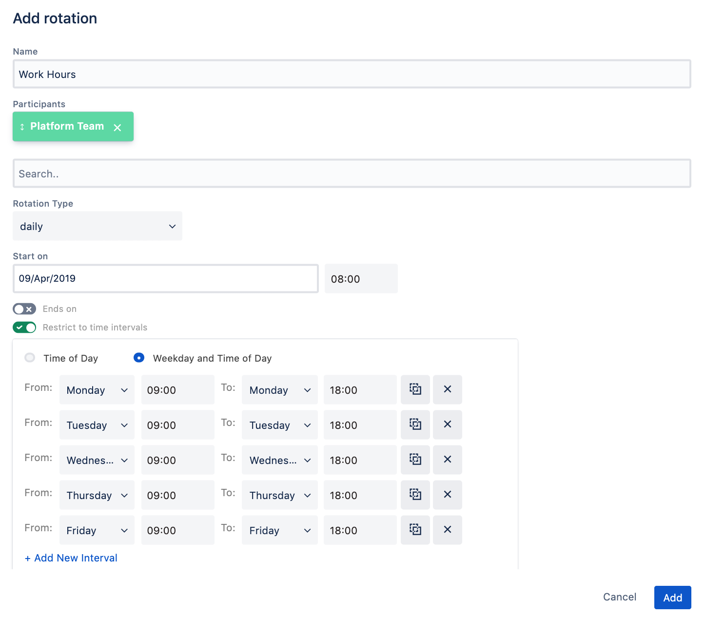 A screenshot showing a schedule set to business hours in Opsgenie.