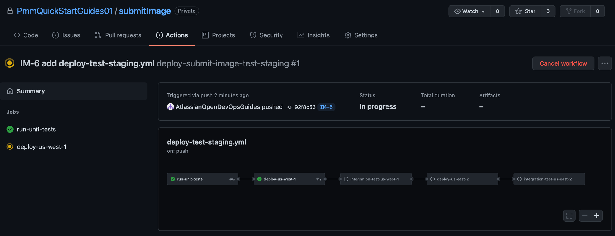 screenshot of running workflows started in github