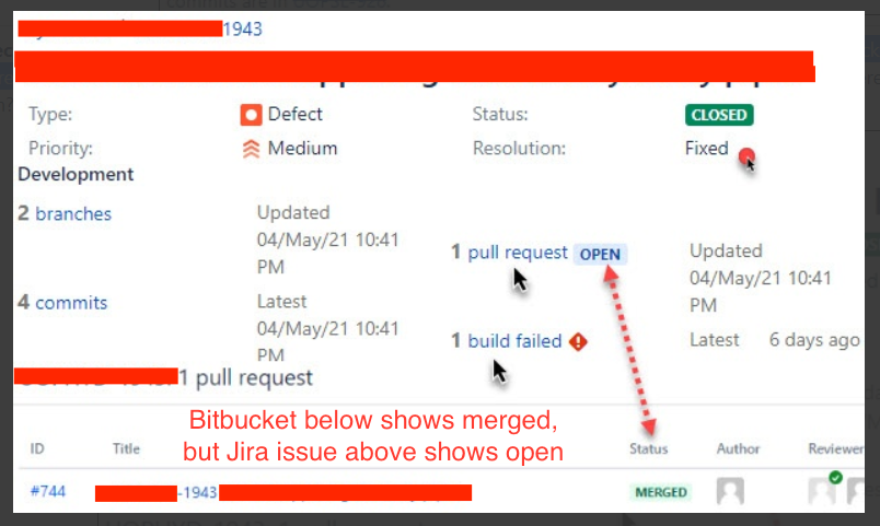 Bitbucket shows pull request "Merged" and Jira shows it "Open"