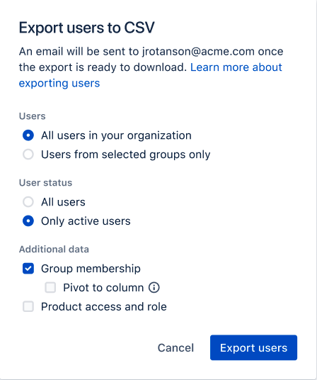 Export users to CSV screen. Select all users or users from groups. Select all or only active users. Button to export users