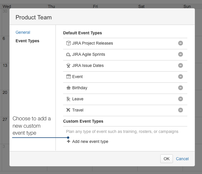To quickly add a new custom event type, choose Add Event, then choose Add new event type from the Event Type menu.