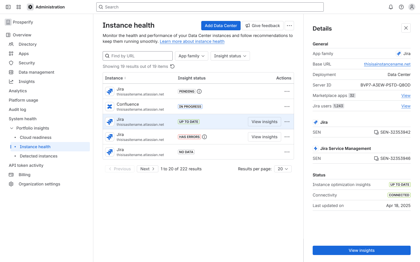Instance health list with connected instances 