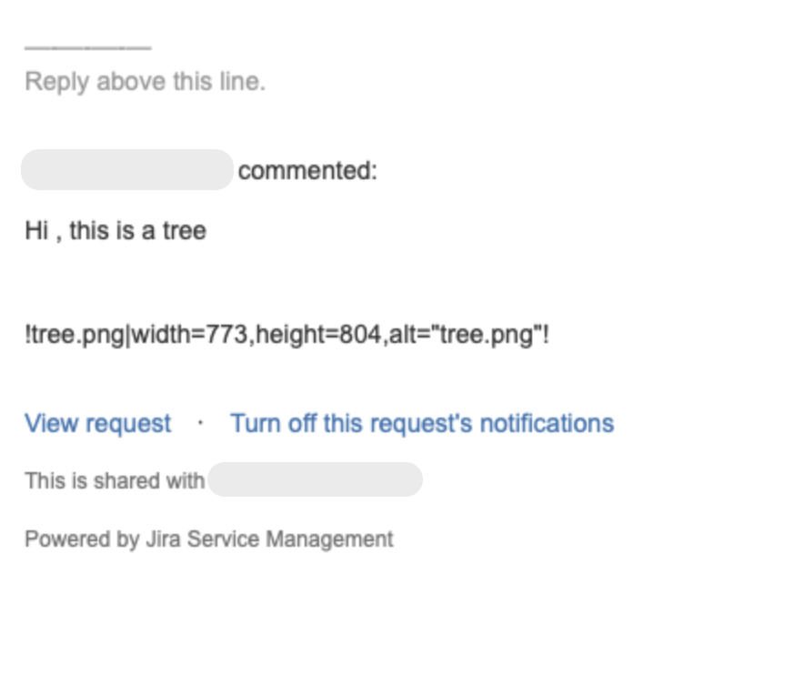 Customer notification email where a piece of text is shown instead of the image of a tree.
