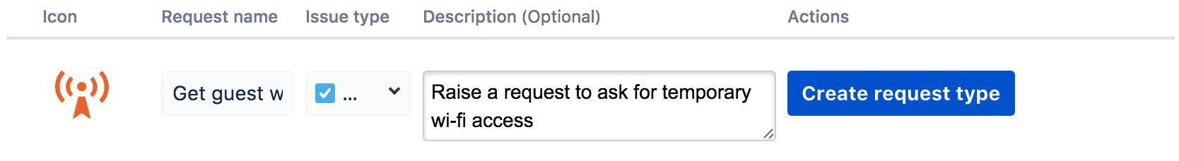 Screenshot shows "create request type" for wifi access.