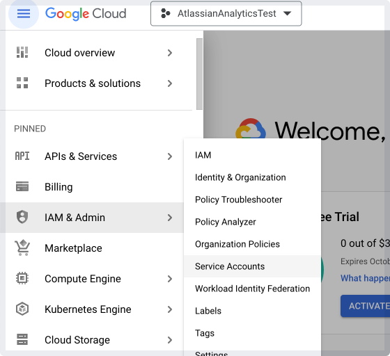 Google Cloud Platform side menu expanded to show IAM & Admin > Service accounts