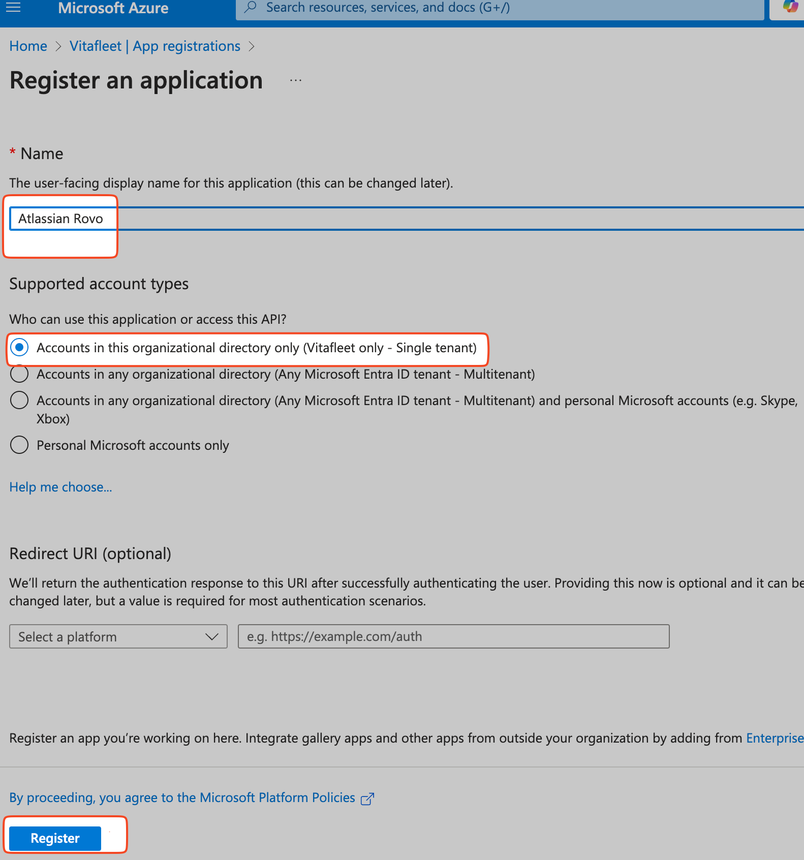 Screenshot of Azure Portal form for Register an Application, setting up a Rovo app