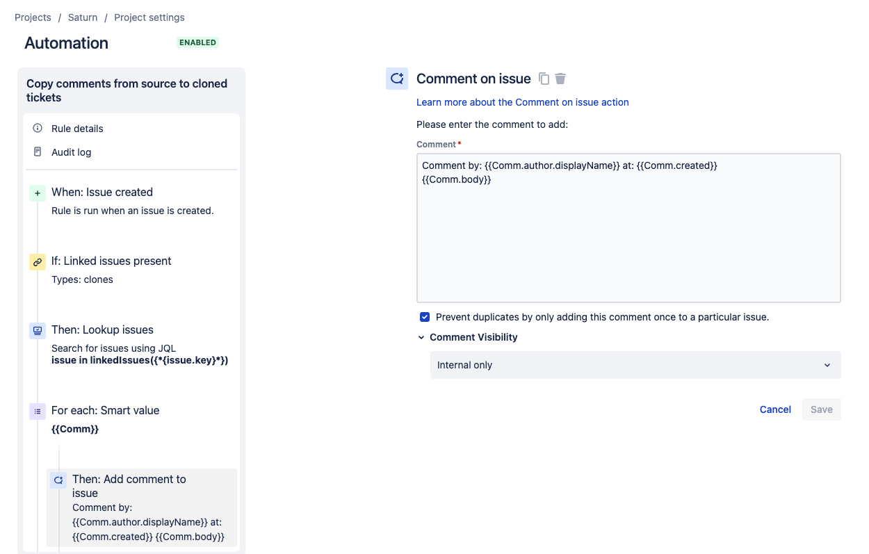 screenshot of automation rule with the necessary comment on issue actions