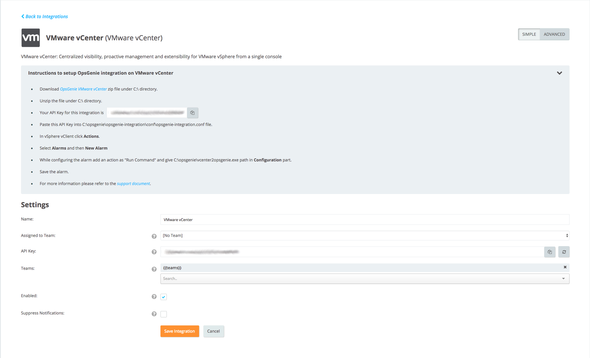 VMware vCenter integration settings