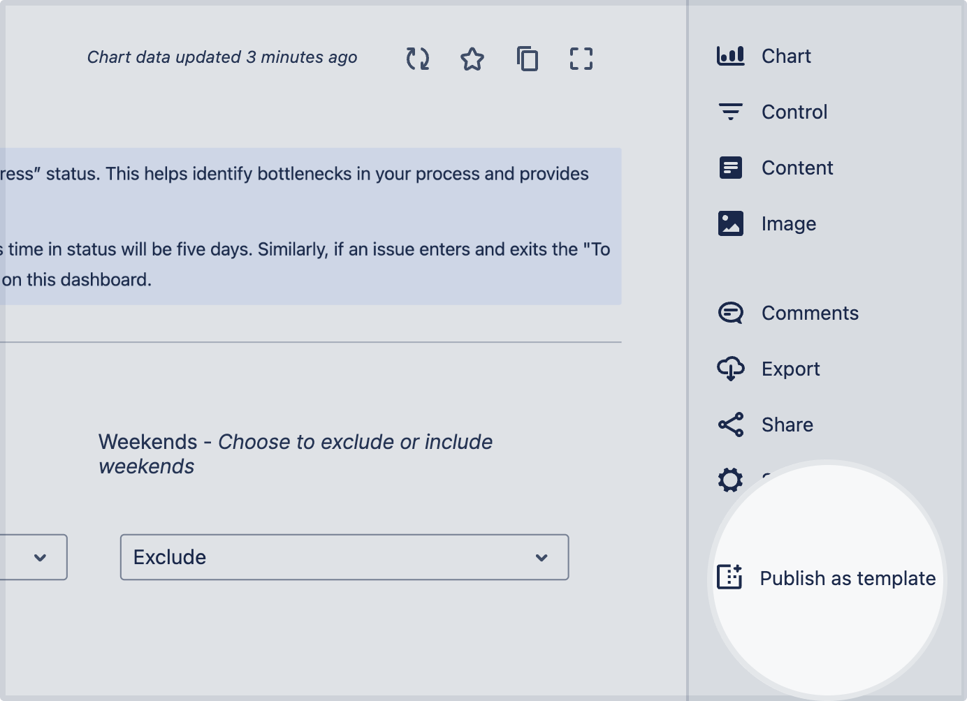 "Publish as template" highlighted in the dashboard sidebar