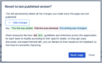 変更を前のページ バージョンに戻す前に、最後の公開以降に行われた変更内容を示す画面が表示されています。