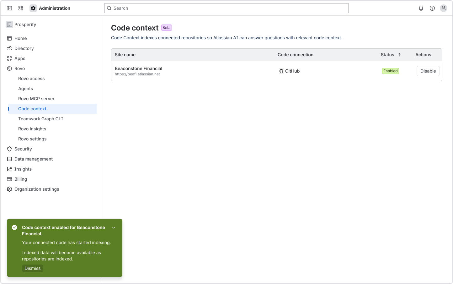 Atlassian administration app, with the code context feature selected and enabled for Beaconstone Financial
