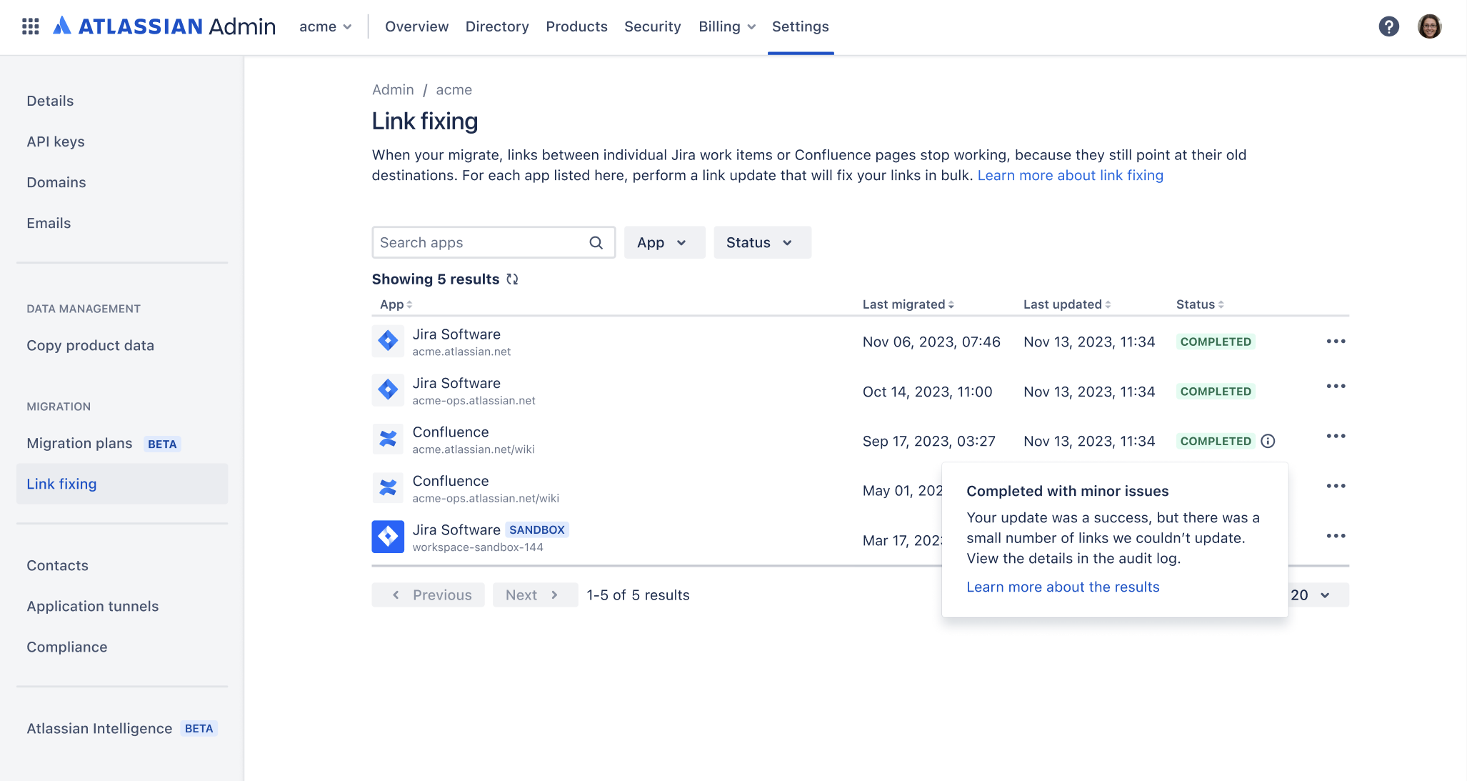 Link fixing page displaying a list of connected product sites