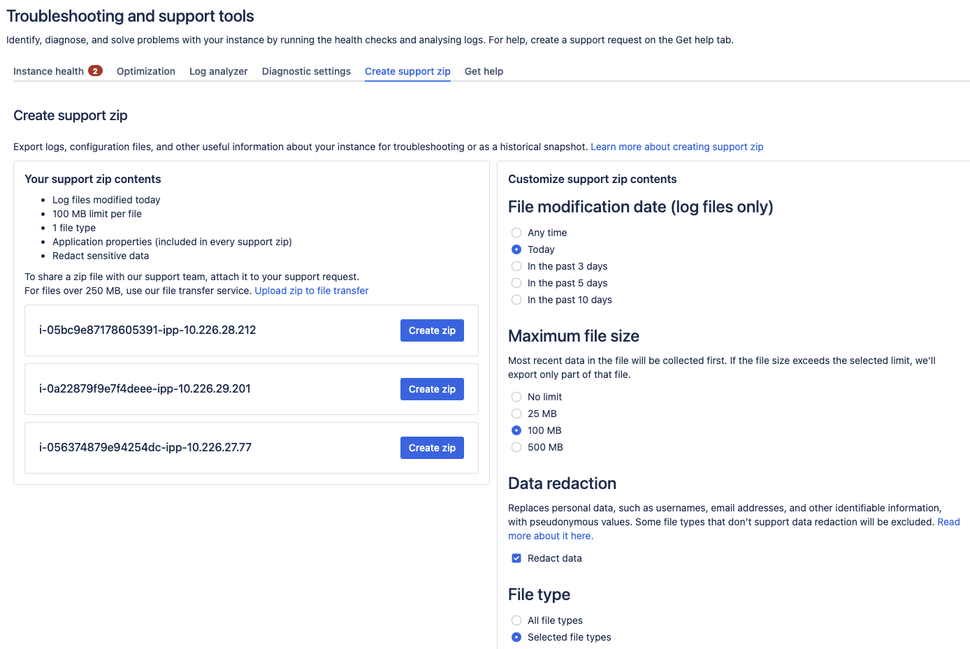 Preview of creating a support zip with multiple options 