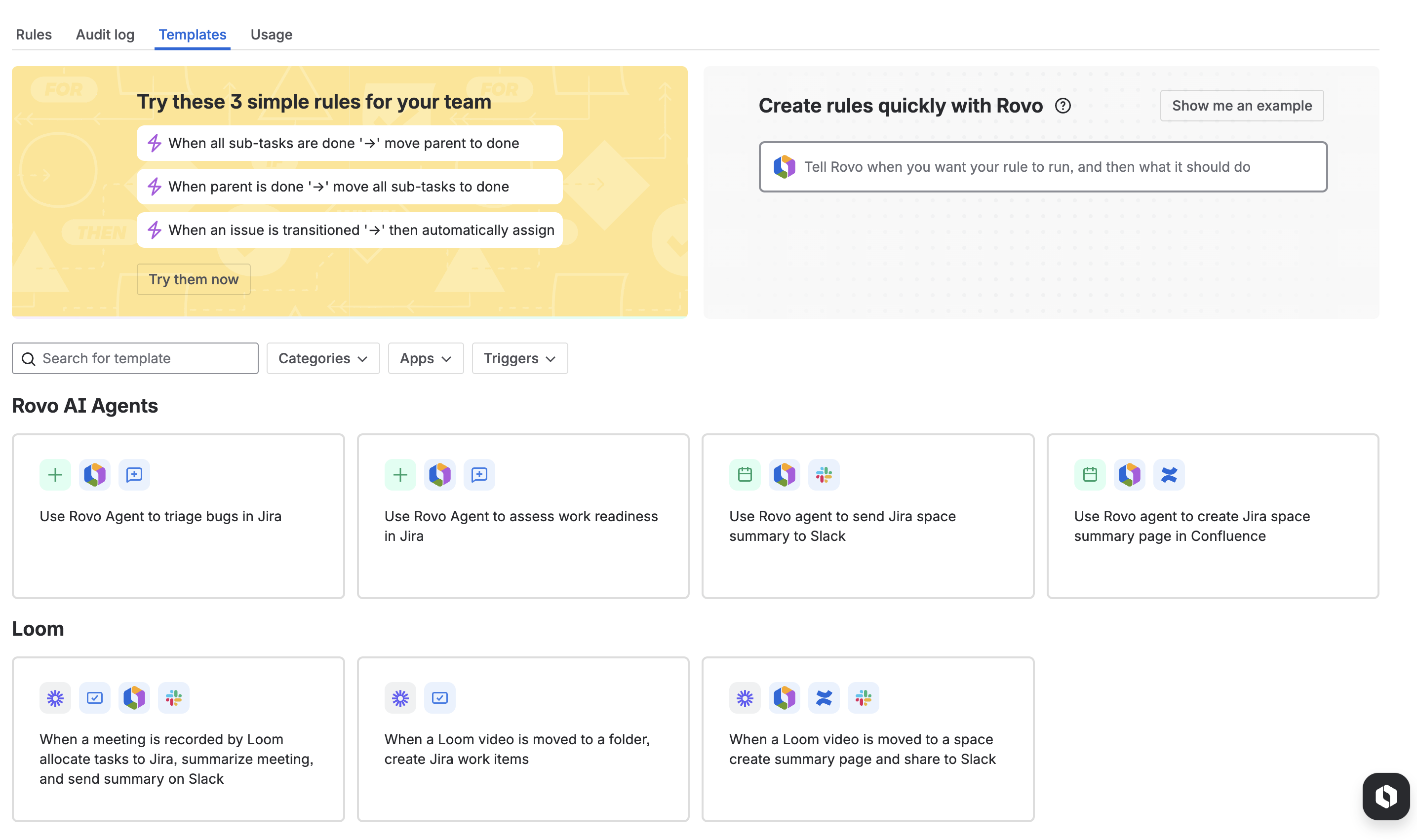 Screenshot of the different templates you can use to create an automation rule