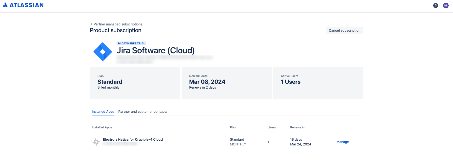 Product subscription details page in the new partner-managed subscription portal. 