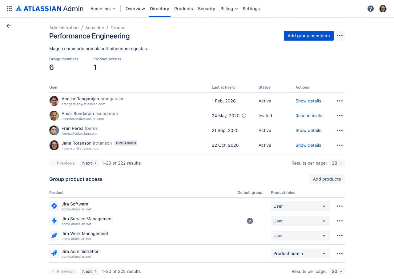 Group details page, group product access, product admin role for Jira Administration