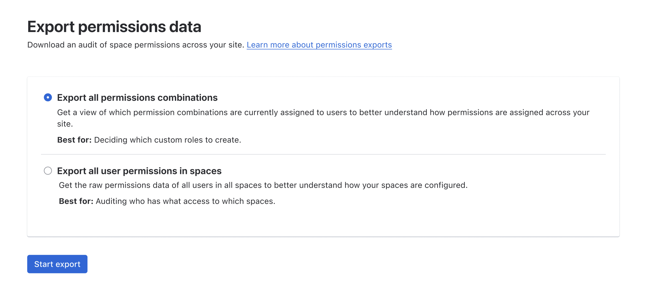 Export permissions data feature in Confluence settings, with 2 options for exporting