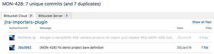 Commits are shown in the Bitbucket Cloud and Bitbucket Server tabs, with AuthorCommit, message, date, and file fields. 