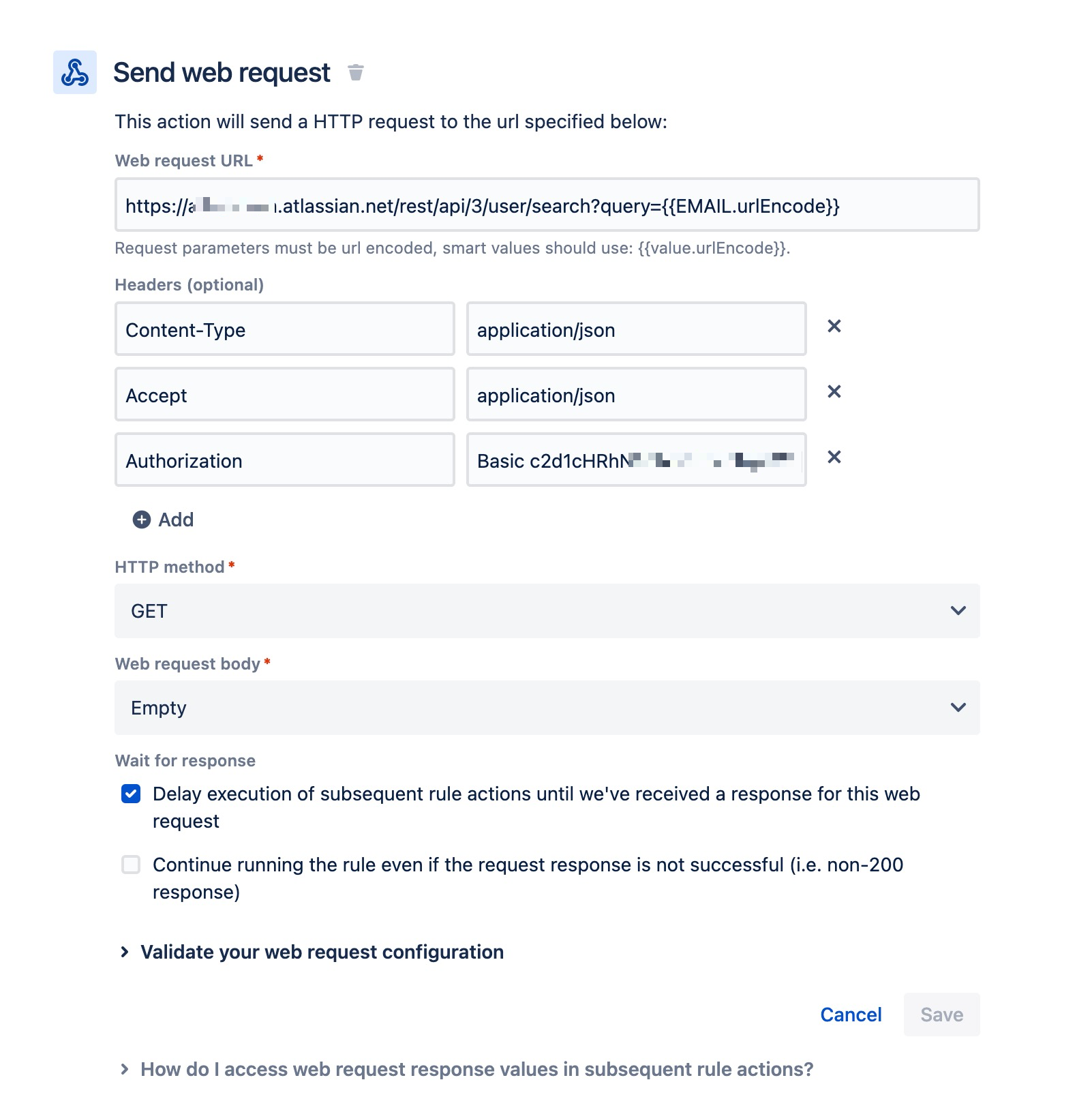 Example of the web request component in the automation rule.