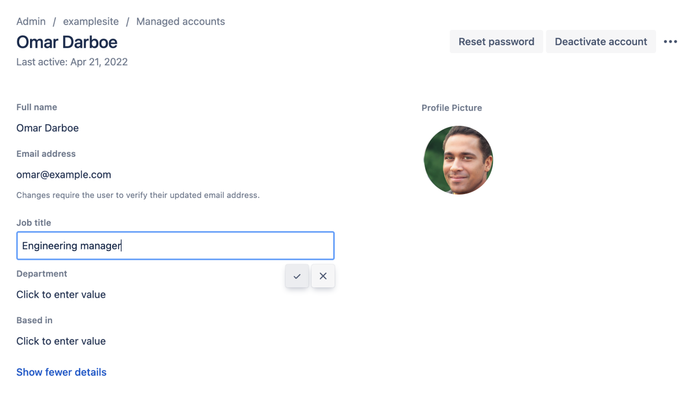 Managed accounts screen showing the job title field being edited for a user.