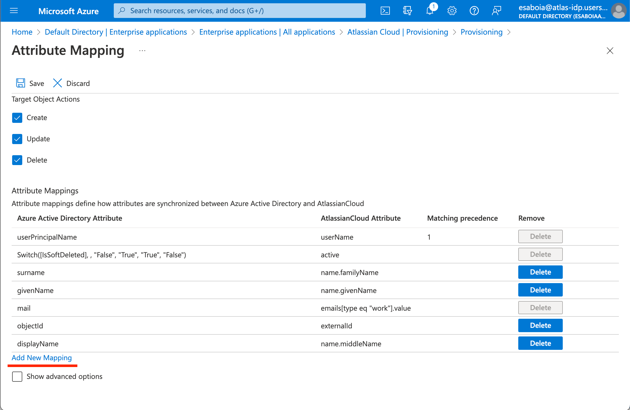 Screenshot of Azure AD showing the Attribute Mapping screen