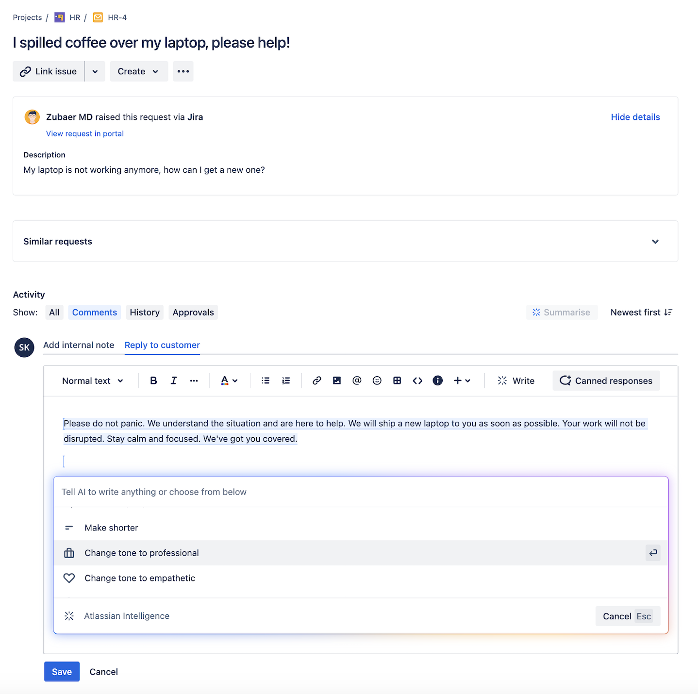 Generate or transform content using Atlassian Intelligence for a request in Jira Service Management.