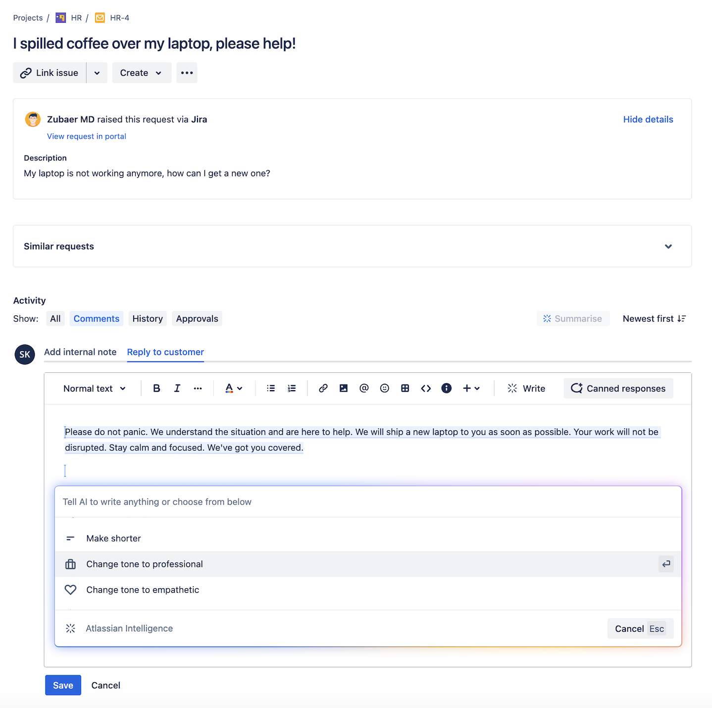 Jira Service Management のリクエストで Atlassian Intelligence を使用してコンテンツを生成または変換します。