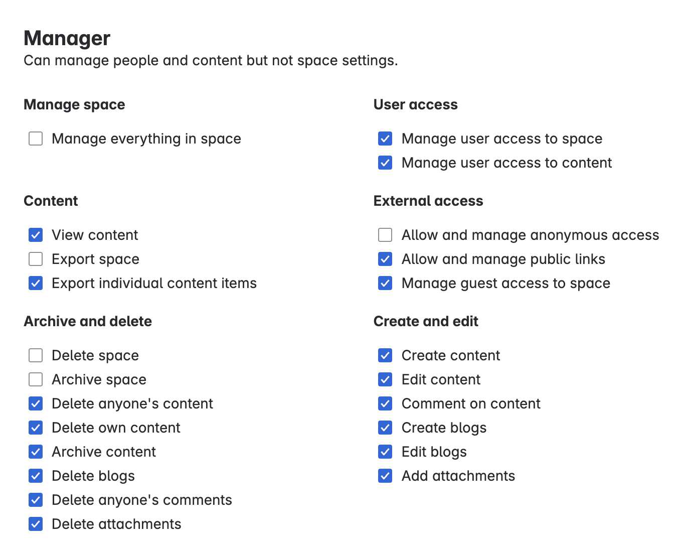 A view of permissions included in the Manager role