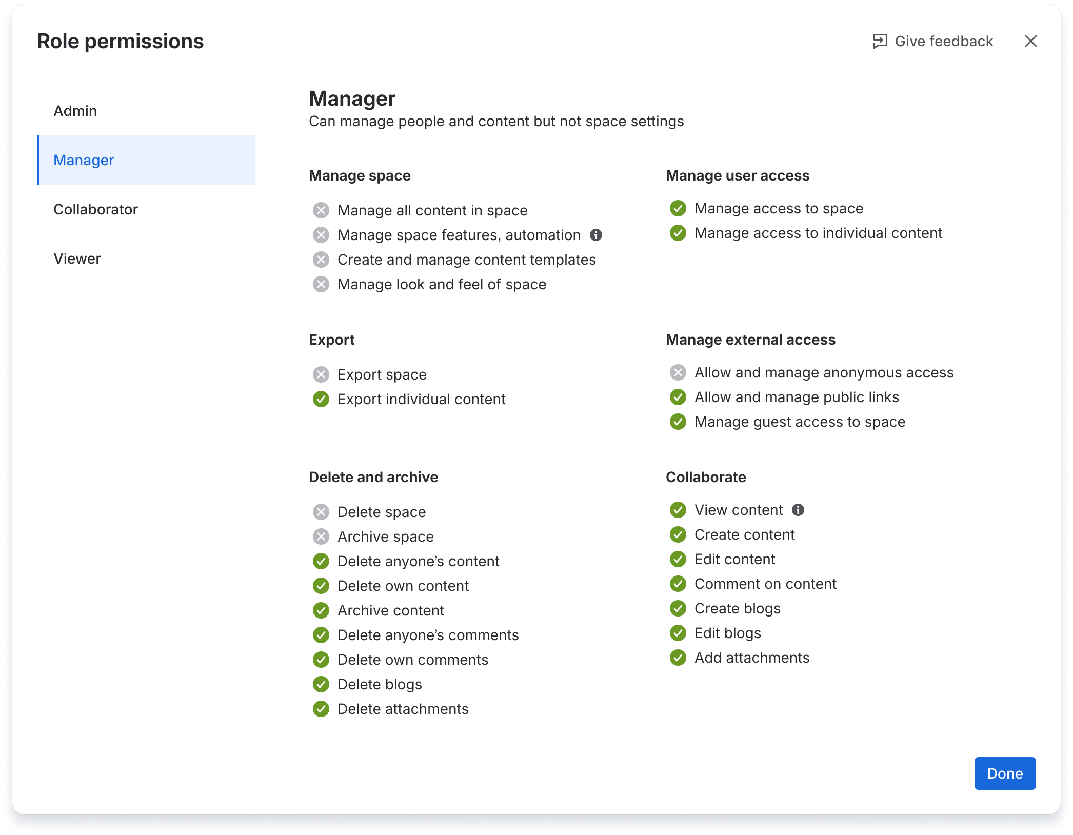 A view of permissions included in the Manager role