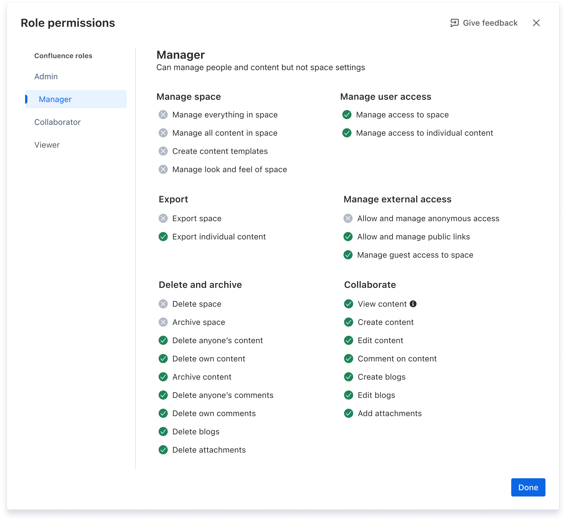 A view of permissions included in the Manager role