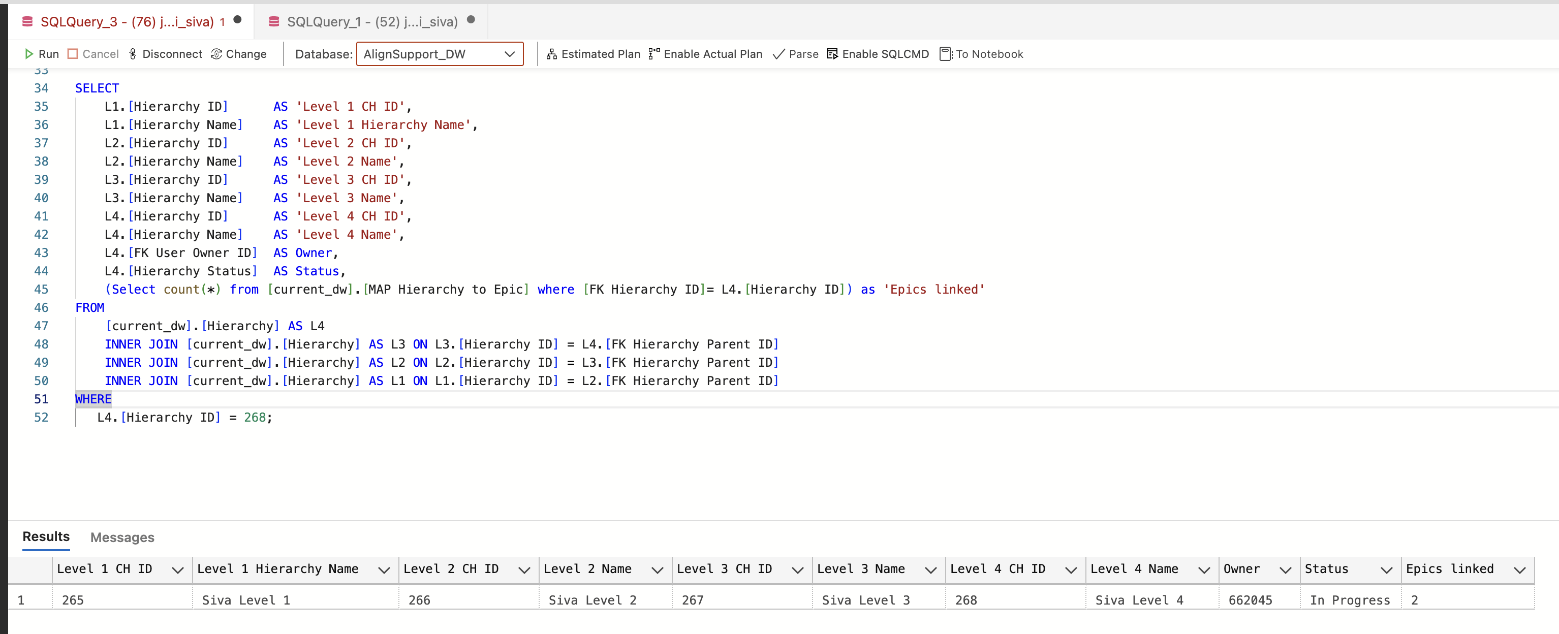 Image of Jira Align Enterprise Insights query results for Hierarchy
